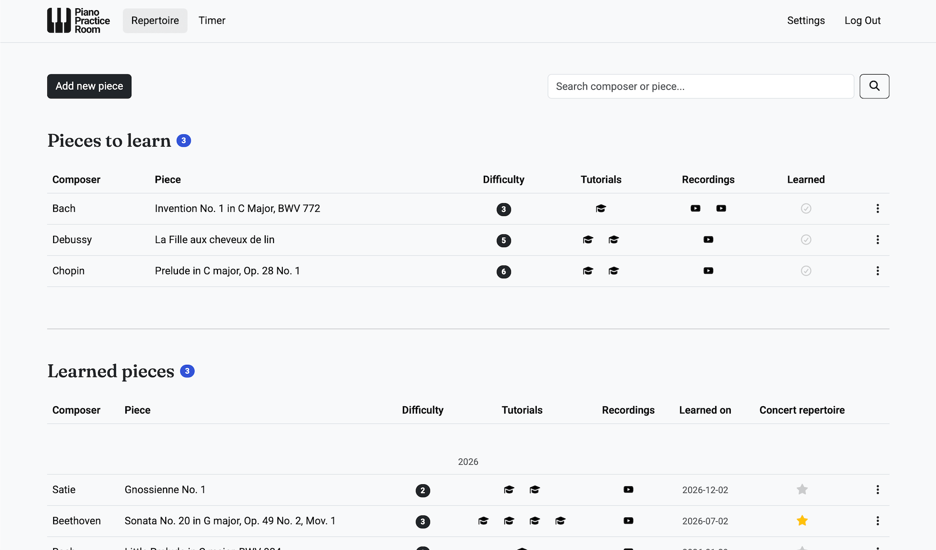 Piano Room desktop UI